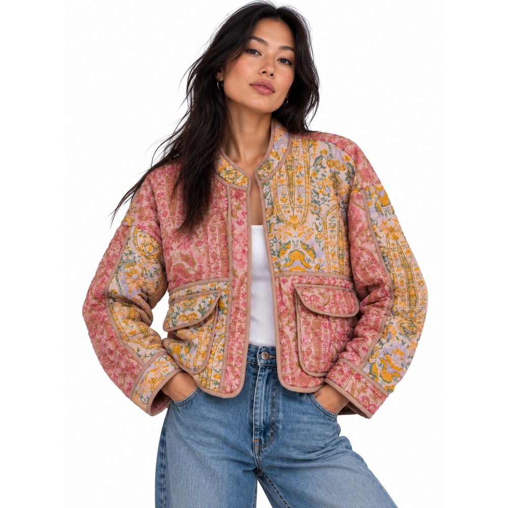 7 For All Mankind Quilted Patchwork Cropped Jacket Pink Paisley Floral L